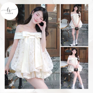 Set áo trễ vai kem ren thêu cao cấp phối nơ tafta mix cùng chân váy bí tafta kem