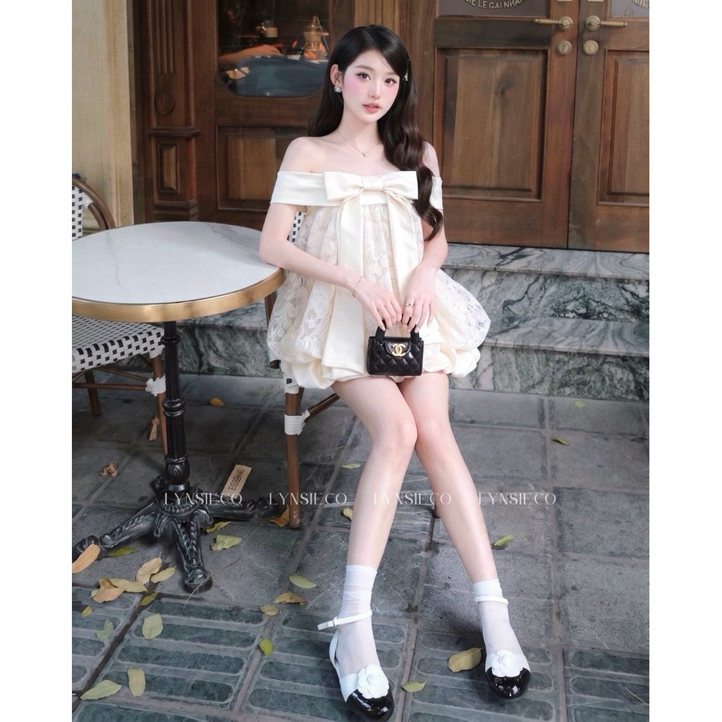 [Cindy Set] Set áo trễ vai kem ren thêu cao cấp phối nơ tafta mix cùng chân váy bí tafta kem