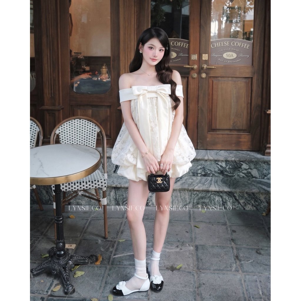 [Cindy Set] Set áo trễ vai kem ren thêu cao cấp phối nơ tafta mix cùng chân váy bí tafta kem