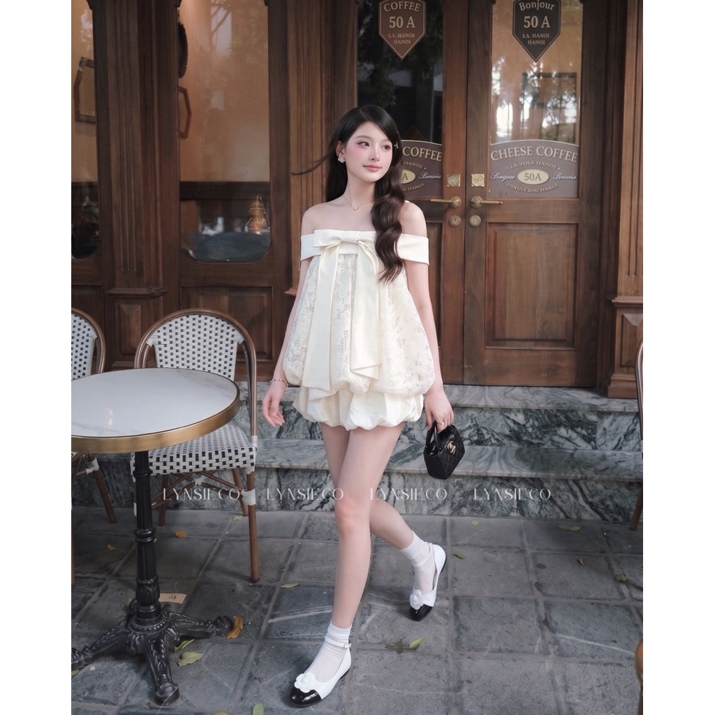 [Cindy Set] Set áo trễ vai kem ren thêu cao cấp phối nơ tafta mix cùng chân váy bí tafta kem