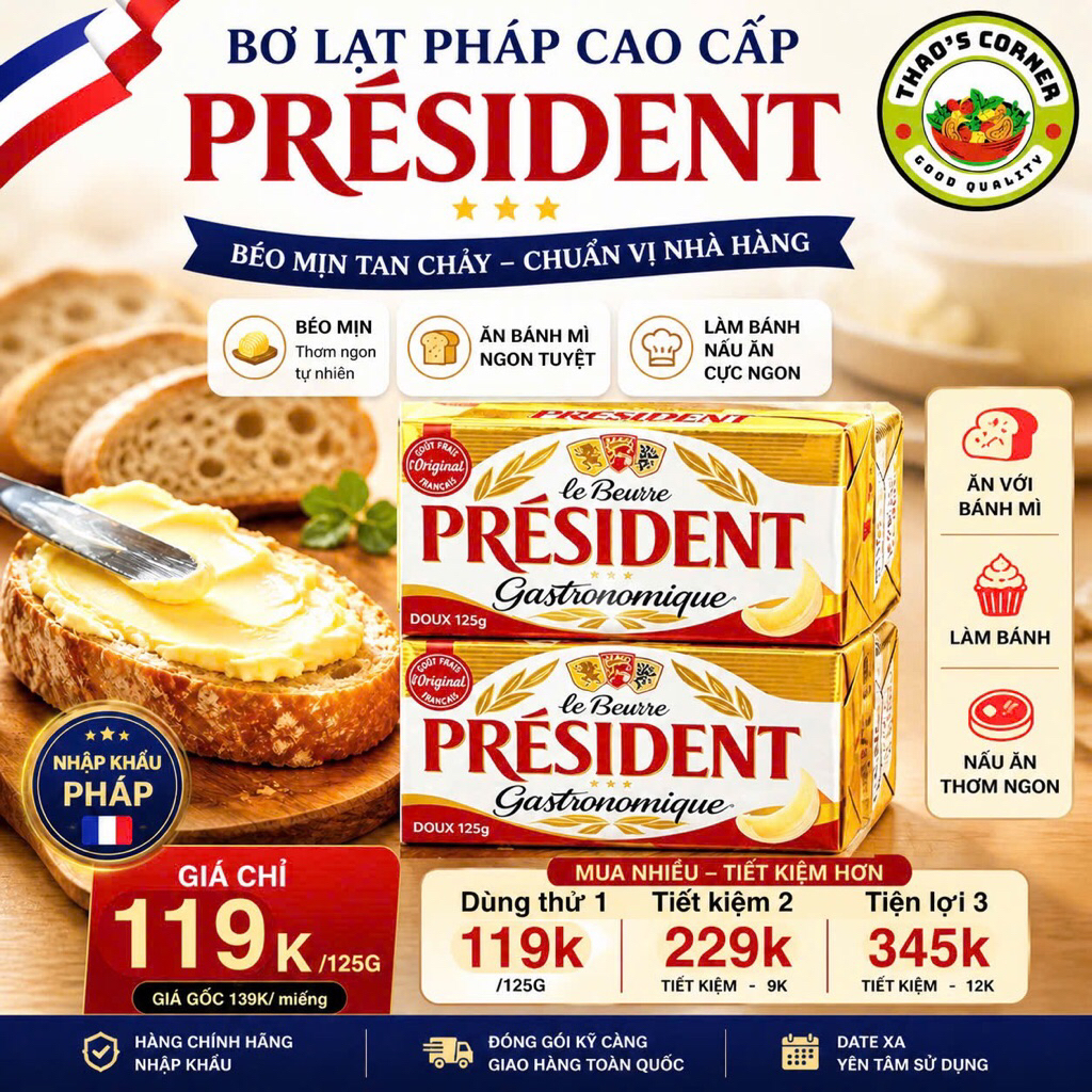 [Giao miền Nam - Date T11] Bơ lạt Pháp Président 125g – ăn bánh mì béo mịn – butter làm bánh cao cấp chuẩn nhà hàng