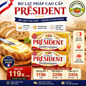 Bơ lạt Pháp Président 125g – ăn bánh mì béo mịn – butter làm bánh cao cấp chuẩn nhà hàng