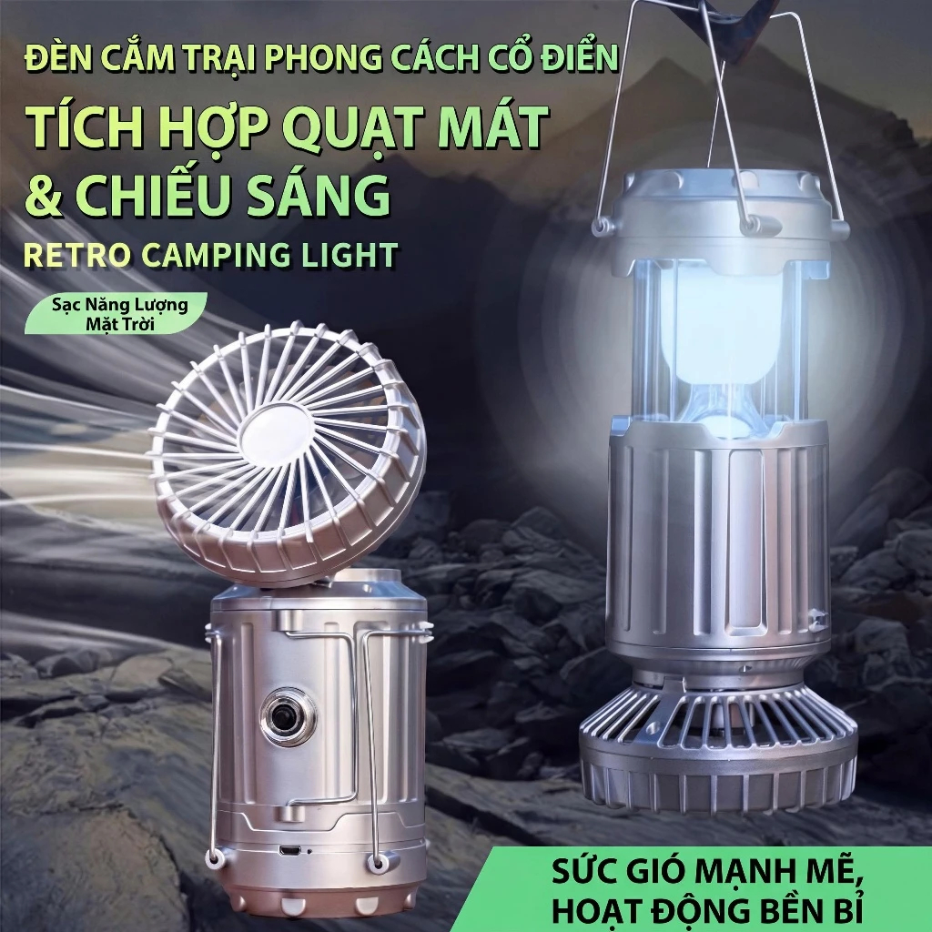Đèn Tích Điện Solar Camping Kèm Quạt – Sạc USB, Đa Năng, Dùng Dã Ngoại & Cắm Trại