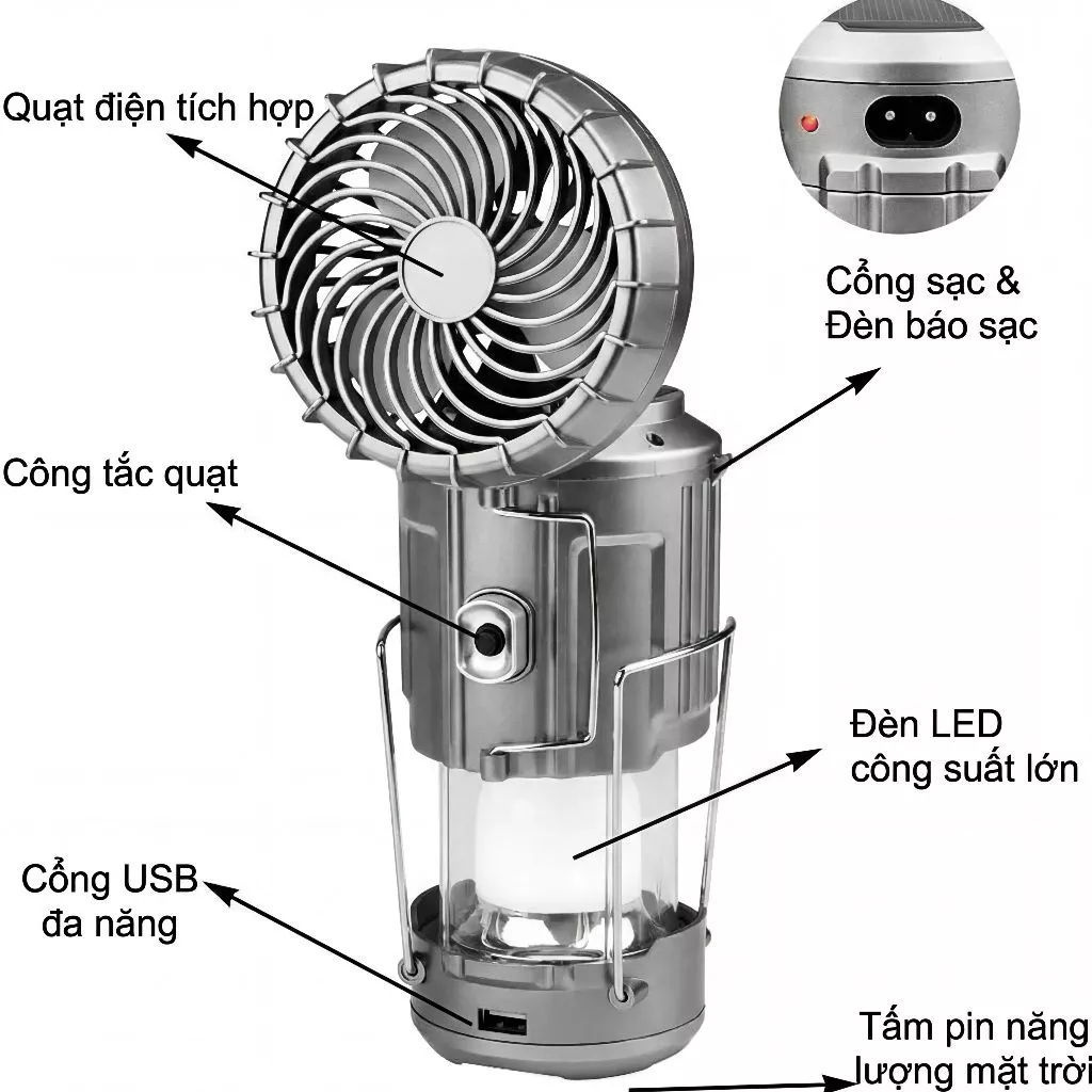 Đèn Tích Điện Solar Camping Kèm Quạt – Sạc USB, Đa Năng, Dùng Dã Ngoại & Cắm Trại