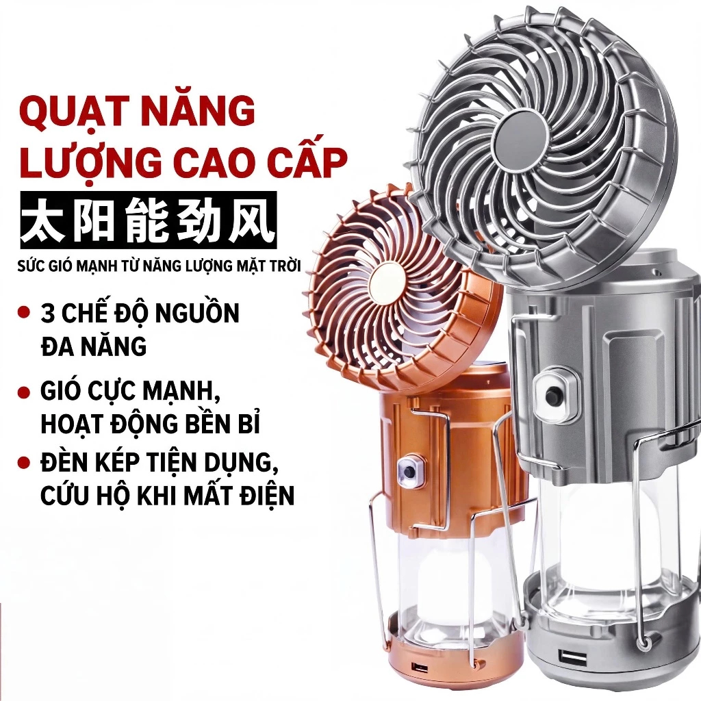 Đèn Tích Điện Solar Camping Kèm Quạt – Sạc USB, Đa Năng, Dùng Dã Ngoại & Cắm Trại