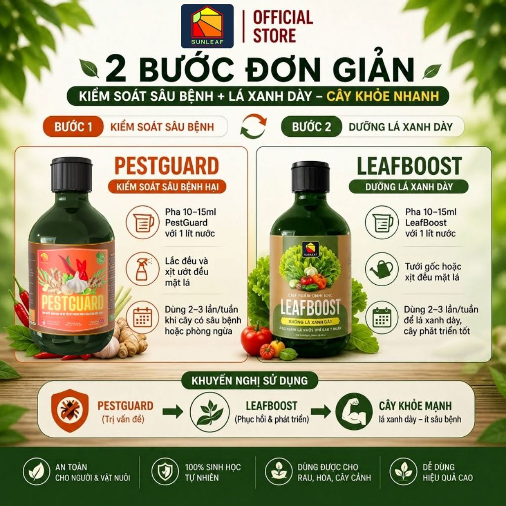 Combo Phòng Rệp Sáp Bọ Trĩ Nhện Đỏ & Dưỡng Lá Phục Hồi | 100% Hữu Cơ | Rau, Phong Lan, Hoa Hồng | SUNLEAF