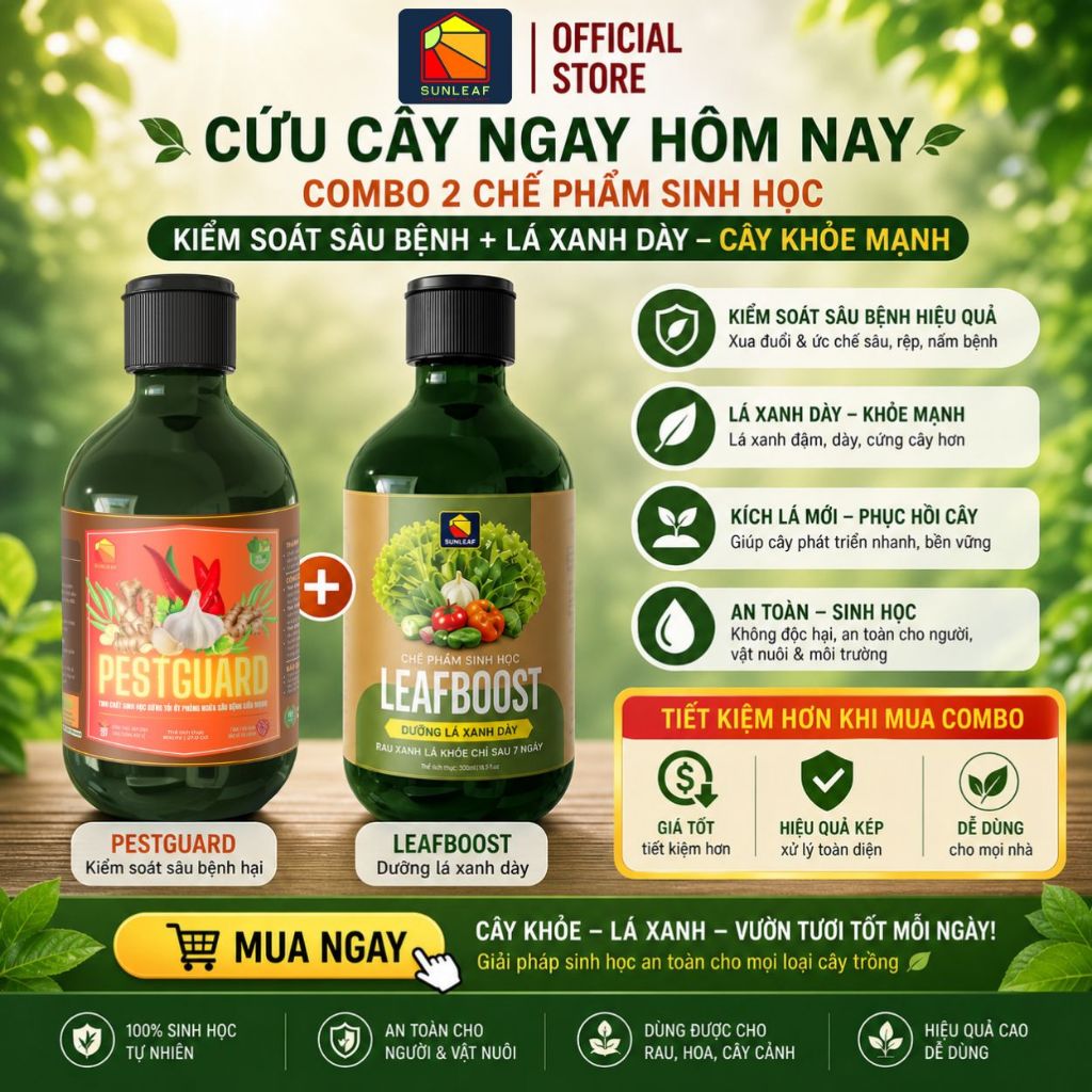 Combo Phòng Rệp Sáp Bọ Trĩ Nhện Đỏ & Dưỡng Lá Phục Hồi | 100% Hữu Cơ | Rau, Phong Lan, Hoa Hồng | SUNLEAF