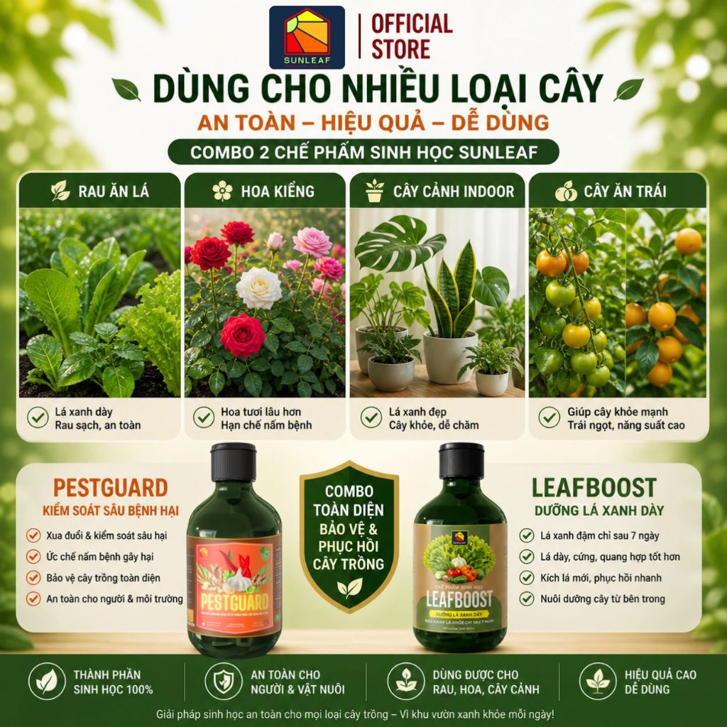 Combo Phòng Rệp Sáp Bọ Trĩ Nhện Đỏ & Dưỡng Lá Phục Hồi | 100% Hữu Cơ | Rau, Phong Lan, Hoa Hồng | SUNLEAF