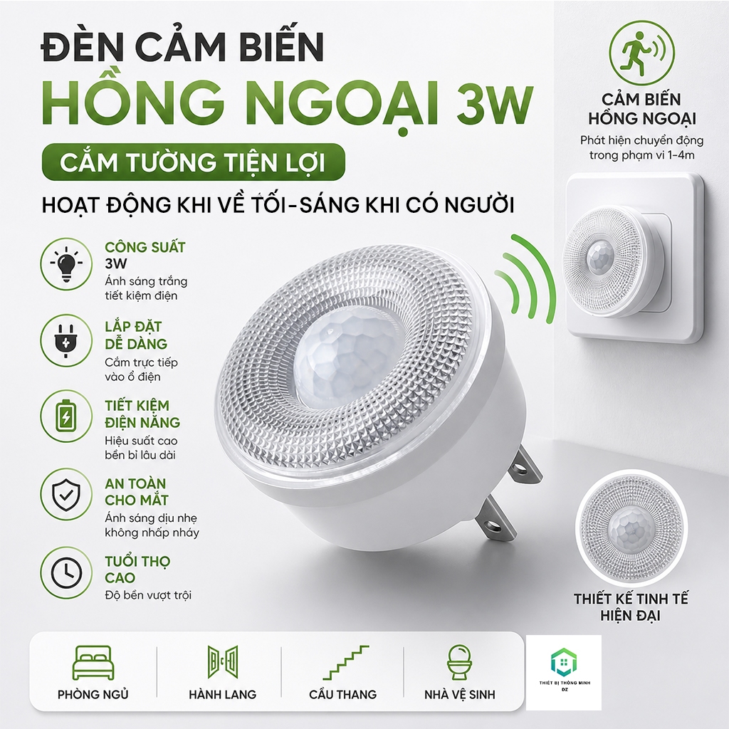 Đèn LED Cảm Biến Hồng Ngoại 3W Cắm Ổ Điện Tự Động Bật Khi Có Người Tiết Kiệm Điện Lắp Đặt Dễ Dàng