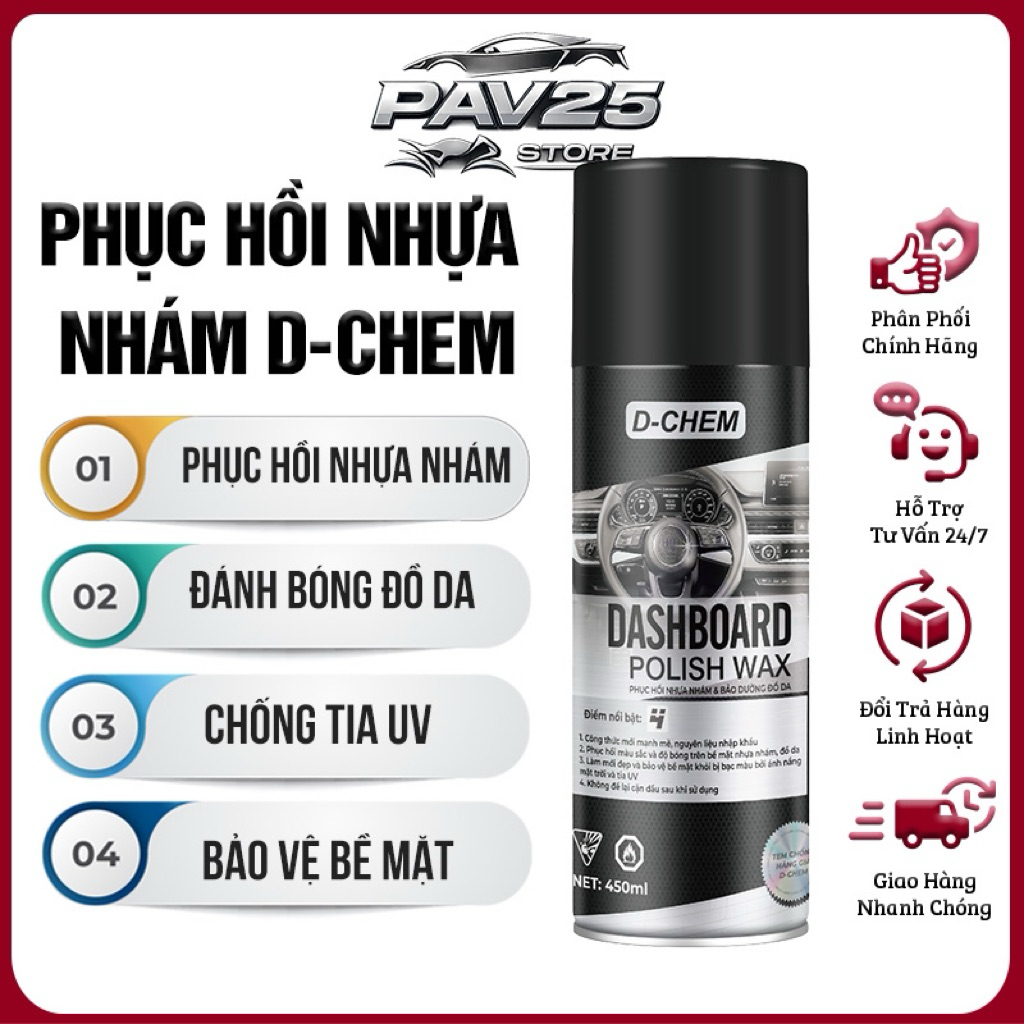 [CHÍNH HÃNG] Chai Phục Hồi Nhựa Nhám D-Chem Dashboard Polish 450ml~380g Dạng Xịt Dưỡng & Đánh Bóng Nhựa Nhám ÔTô Xe Máy