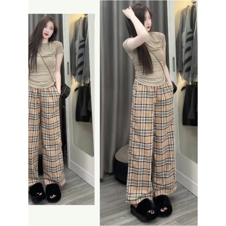 Quần Dài Nữ Ống Rộng Cạp Chun Hoạ Tiết Kẻ Vàng BR Sang Chảnh Nữ Tính
