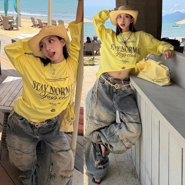 Thun Tay Dài STAY NORMAL - Áo thun Long tee cotton màu VÀNG CHANH form rộng nam nữ unisex 🖤 Áo phông boxy Brand Jaystore