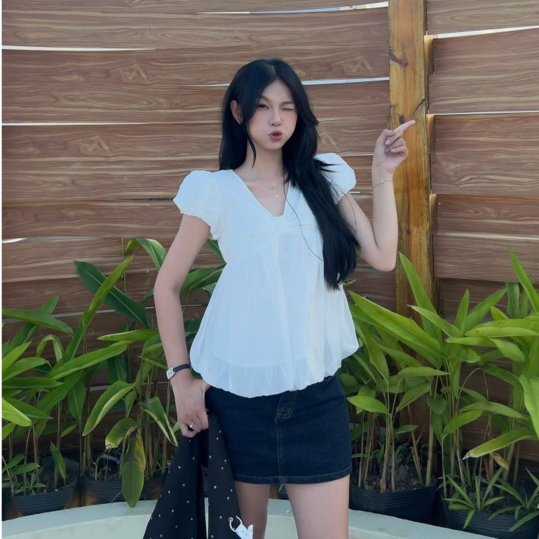 Áo babydoll cổ V tay bồng dáng bí phối tơ xinh xắn MUZA A108