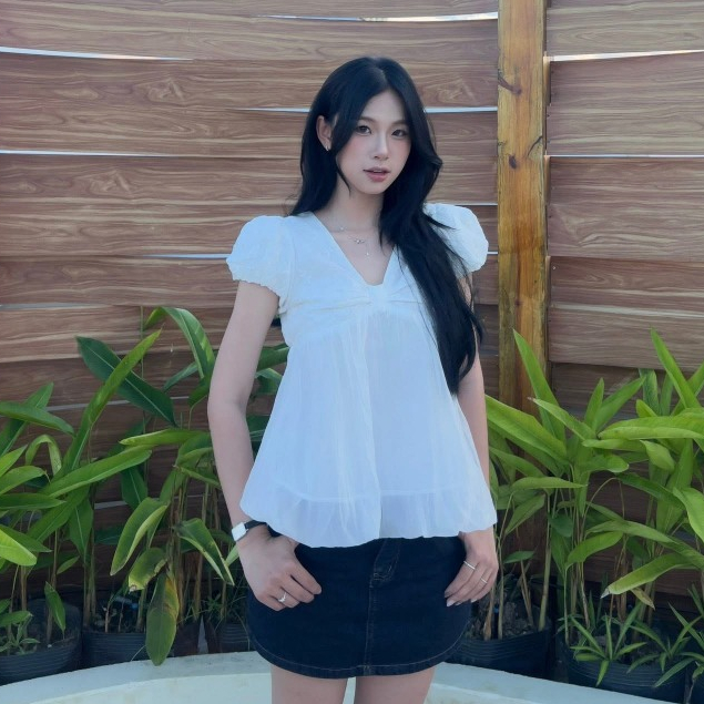 Áo babydoll cổ V tay bồng dáng bí phối tơ xinh xắn MUZA A108