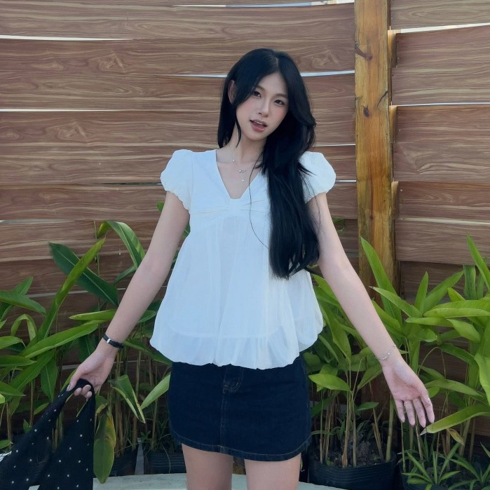 Áo babydoll cổ V tay bồng dáng bí phối tơ xinh xắn MUZA A108