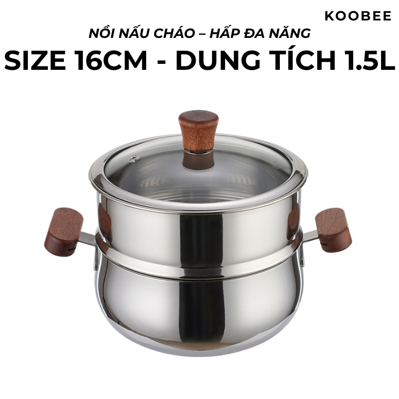 Bộ Nồi Hấp Inox 304 Size 16cm – Tay Cầm Gỗ Óc Chó, Nắp Kính Dễ Quan Sát – Hấp, Luộc, Nấu Cháo Sữa Cho Bé  | 312