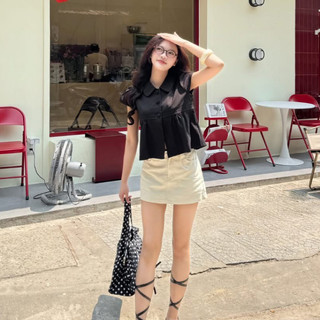 Áo sơ mi chất kaki mềm cổ sen cúc bọc dáng ngắn LAVIAN A110
