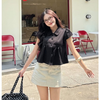 Áo sơ mi chất kaki mềm cổ sen cúc bọc dáng ngắn LAVIAN A110