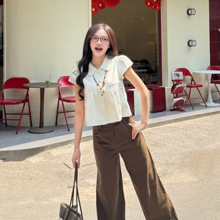 Áo sơ mi chất kaki mềm cổ sen cúc bọc dáng ngắn LAVIAN A110