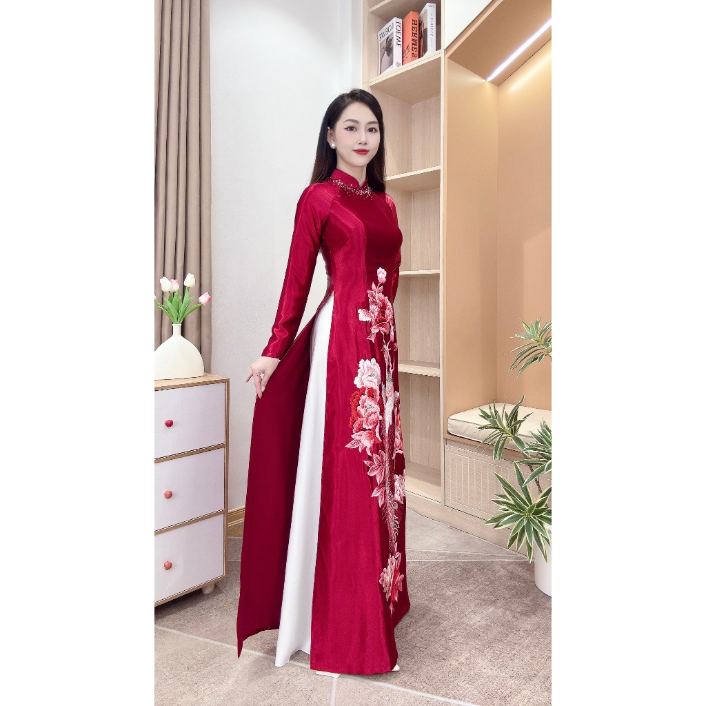 Áo Dài Lụa Thạch Anh Cao Cấp Hàng May + Thêu Thủ Công Tỉ Mỉ Từng Áo - Mã C48