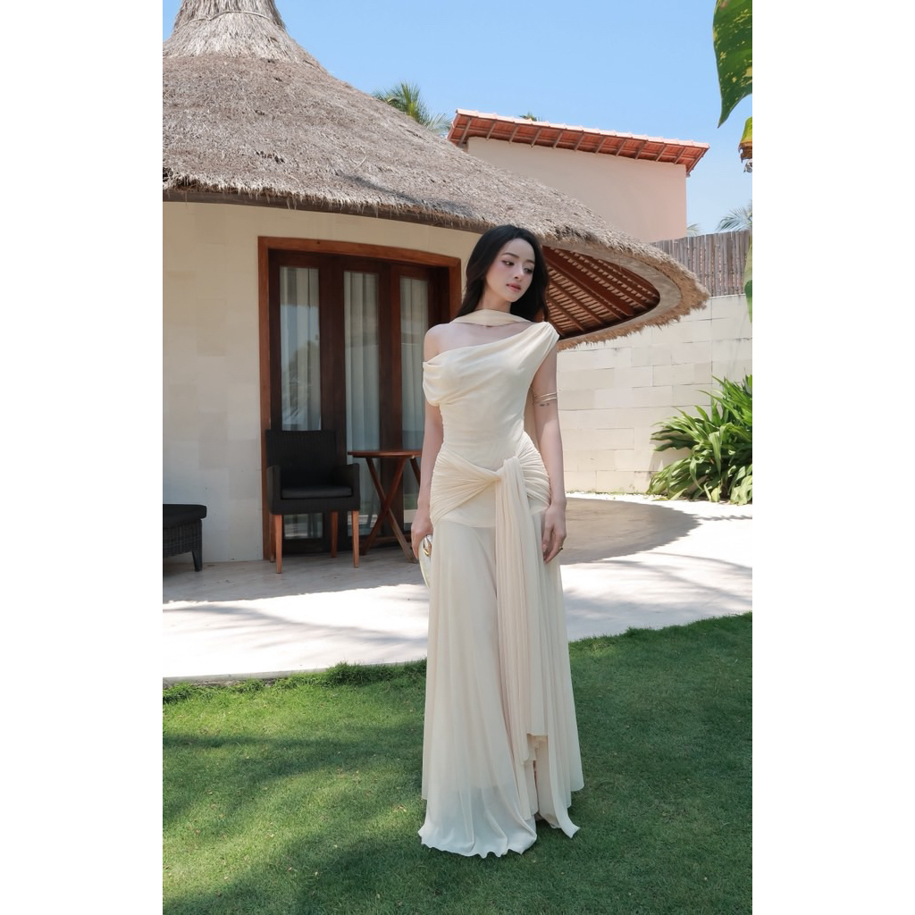 LASY Thời Trang Nữ| Đầm Dự Tiệc Body Trễ Vai Chất Thun Lưới Kèm Khăn Choàng