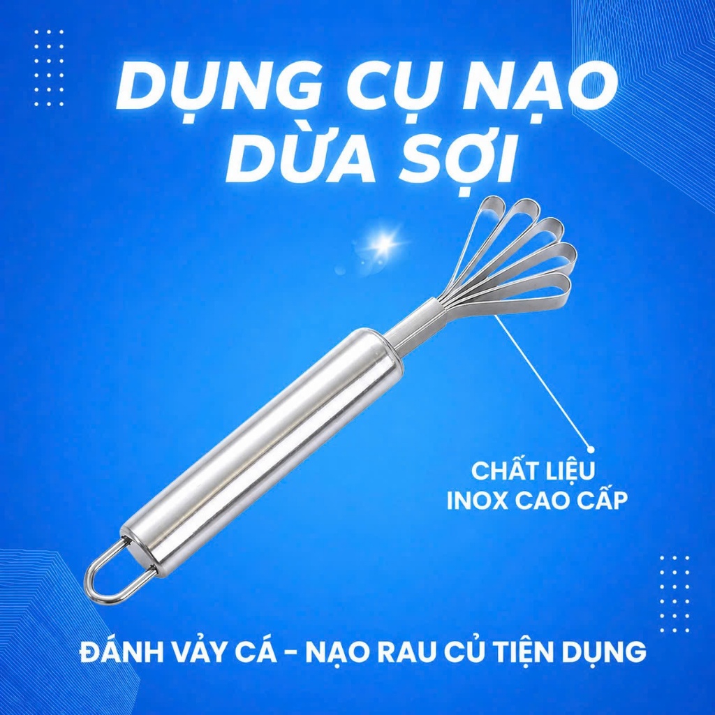 Nạo Dừa Sợi HoàngNam Living, Dụng Cụ Bào Dừa, Đánh Vẩy Cá Chất Liệu Inox Cán Cầm Dài Có Móc Treo