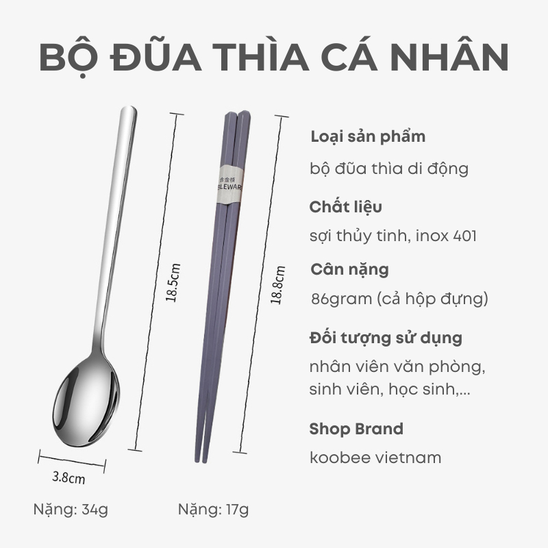 Bộ Đũa Thìa/Muỗng Inox Có Hộp Đựng KOOBEE Dành Cho Cá Nhân, Học Sinh, Văn Phòng | 075