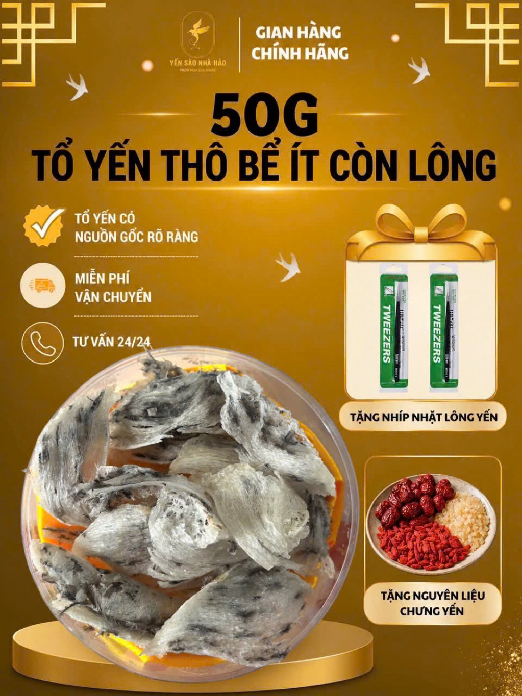 ツバメの巣 Tổ yến thô 50g 👉 Yến Sào Thô Nguyên Tổ 50G – Tổ Yến Thô Lông Vừa, Vỡ Bể Nhẹ