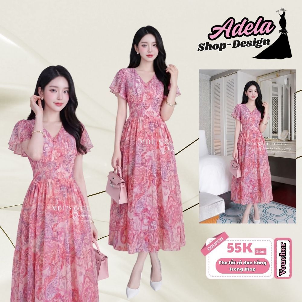 Váy Thiết Kế ADELA DESIGN Tơ Hàn Dáng Xòe Họa Tiết Hồng Ngọt Ngào Trẻ Trung MDU6035