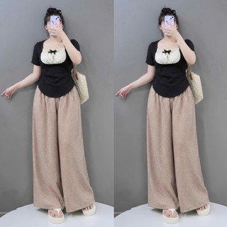 Set Đồ Bigsize Nữ Tiểu Thư Áo Thun Kiểu Cổ Tròn Phối Ren Mix Quần Ống Rộng G264+Q564