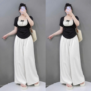 Set Đồ Bigsize Nữ Tiểu Thư Áo Thun Kiểu Cổ Tròn Phối Ren Mix Quần Ống Rộng G264+Q564
