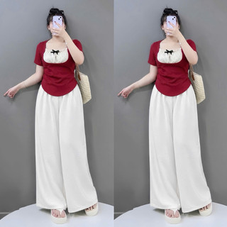 Set Đồ Bigsize Nữ Tiểu Thư Áo Thun Kiểu Cổ Tròn Phối Ren Mix Quần Ống Rộng G264+Q564