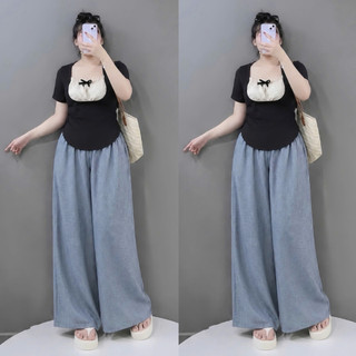 Set Đồ Bigsize Nữ Tiểu Thư Áo Thun Kiểu Cổ Tròn Phối Ren Mix Quần Ống Rộng G264+Q564