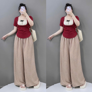 Set Đồ Bigsize Nữ Tiểu Thư Áo Thun Kiểu Cổ Tròn Phối Ren Mix Quần Ống Rộng G264+Q564