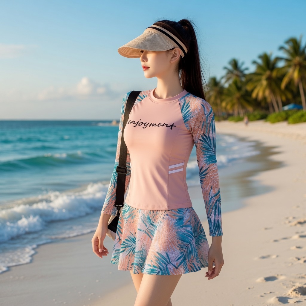 Bikini đồ bơi 2 mảnh kín đáo phối màu cực hot trend áo tay dài, chân váy quần đùi 2 lớp năng động size tới 65kg