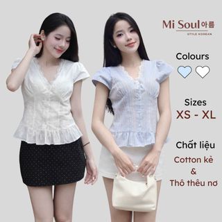 Áo Sơ Mi Nữ Cổ V Phối Viền Ren Tay Bồng Chất Thô Kẻ MiSoul 524, Áo Kiểu Cổ Ren Tay Con