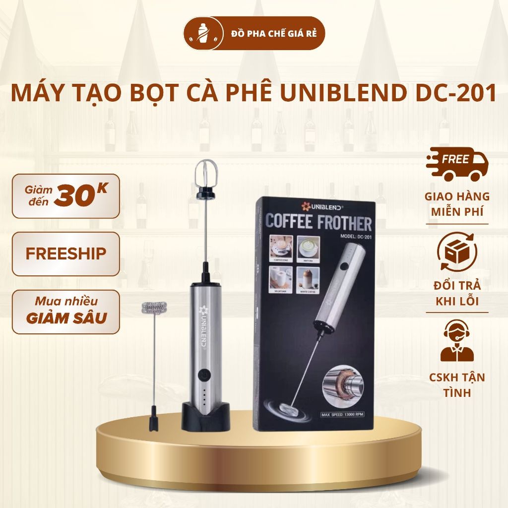 Máy Đánh Bọt Cà Phê Uniblend DC-201 8W, Máy Tạo Bọt Cà Phê Cầm Tay 2 Đầu Đánh Đa Năng, Đế Sạc USB Tiện Lợi
