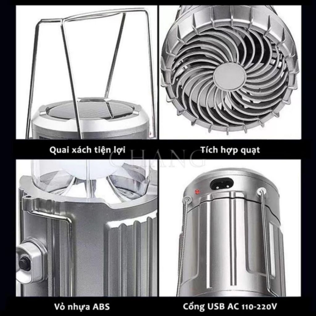 Đèn Pin Camping Năng Lượng Mặt Trời Kèm Quạt Mini ALO HOME Sạc USB Dùng Ngoài Trời