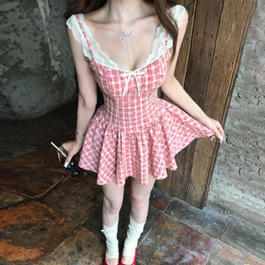 Đầm Xòe Caro Hồng Nữ Phối Ren Cổ Vuông, Váy Babydoll Dáng Ôm Eo Phong Cách Tiểu Thư Dịu Dàng