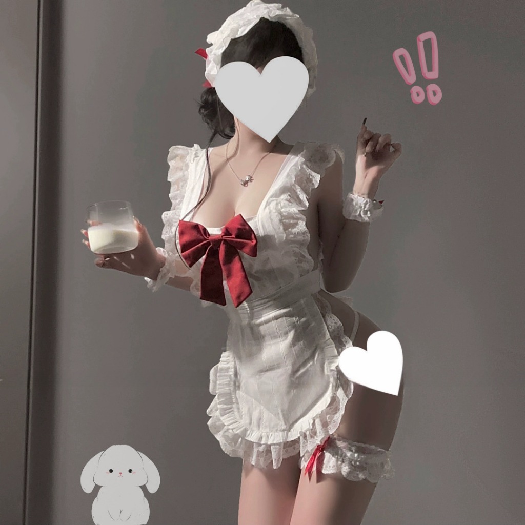 Đồ Ngủ Cosplay Hầu Gái Sexy Ren Trắng Nơ Đỏ, Set Đồ Lót Nữ Gợi Cảm Siêu Cuốn Hút DN67
