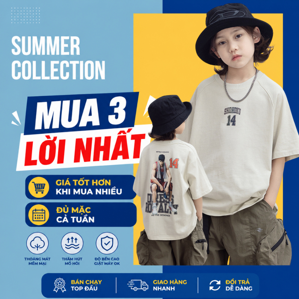 Áo Thun Ngắn Tay Mùa Hè Cho Bé Trai, Bé Gái In Hình Năng Động, Cổ Tròn B695 | JJ Kids Fashion