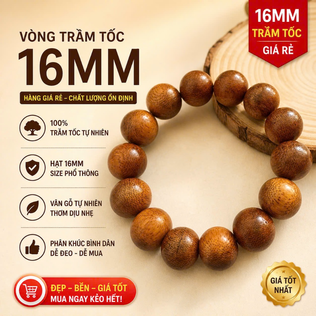 Trầm Hương Bình An - Vòng Tay Trầm Tốc Việt Nam Tròn Đơn 16mm | Bản Lĩnh Doanh Nhân, Tài Lộc Hưng Thịnh