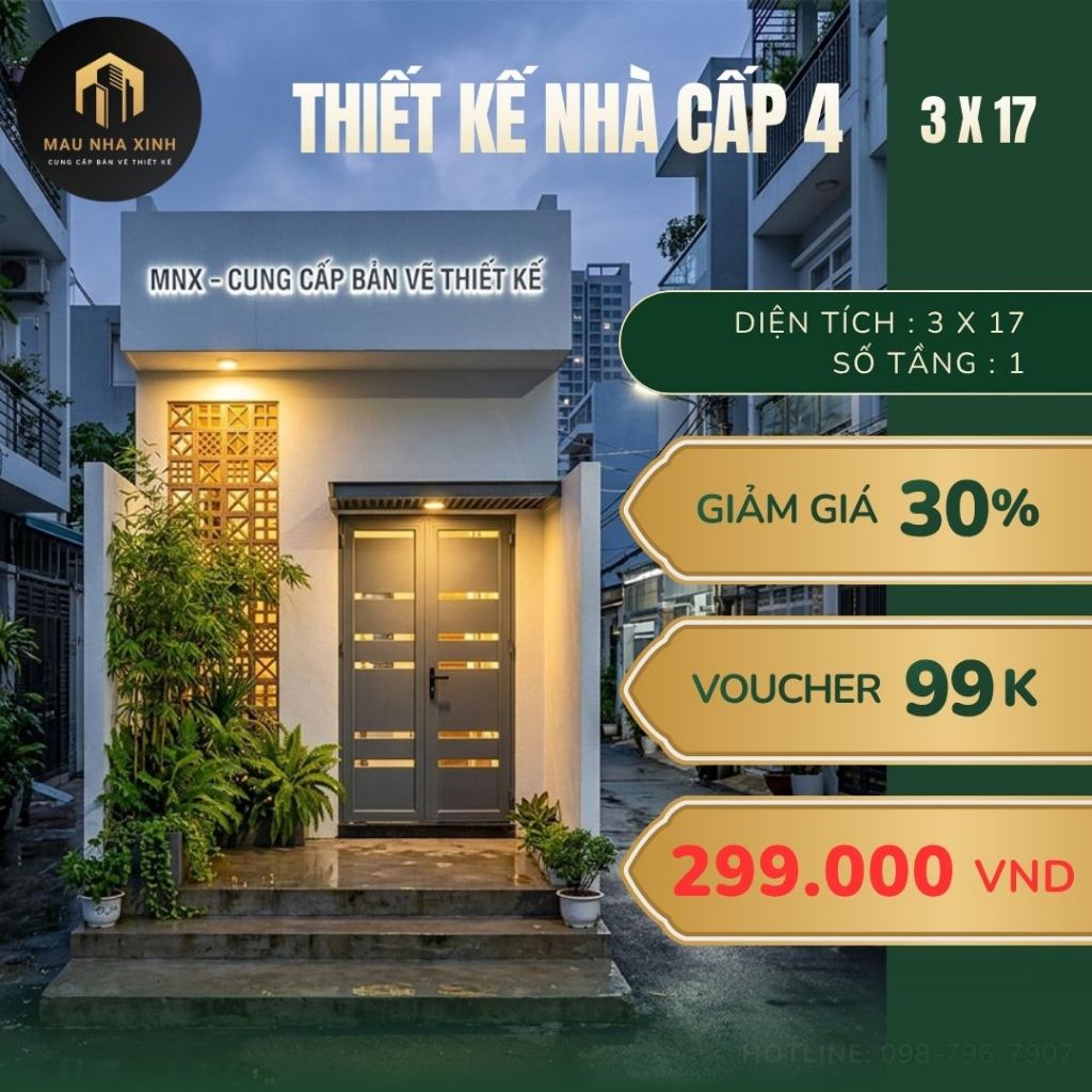 Bản vẽ thiết kế nhà cấp 4 phong cách hiện đại 3x17 | Shopee Việt Nam