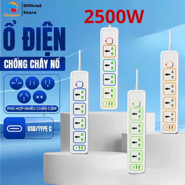 Ổ điện cao cấp thông minh ELEPAN ổ cắm công suất lớn 2500W chống giật nhiều ổ cắm tích hợp sạc USB tiện dụng