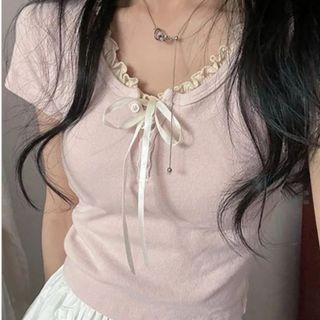 Áo thun ngắn tay cổ nơ bánh bèo form croptop xinh hồng pastel VANISA CT147