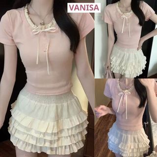 Áo thun ngắn tay cổ nơ bánh bèo form croptop xinh hồng pastel VANISA CT147