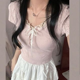 Áo thun ngắn tay cổ nơ bánh bèo form croptop xinh hồng pastel VANISA CT147