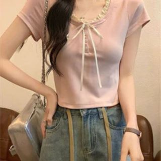 Áo thun ngắn tay cổ nơ bánh bèo form croptop xinh hồng pastel VANISA CT147