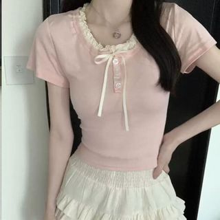 Áo thun ngắn tay cổ nơ bánh bèo form croptop xinh hồng pastel VANISA CT147