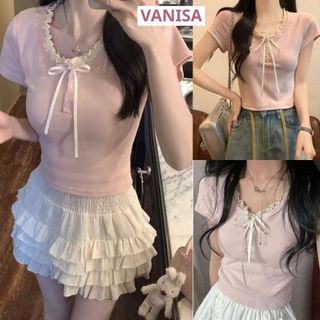 Áo croptop nữ ngắn tay cổ cột nơ chất thun tăm bánh bèo hồng pastel xinh VANISA CT147